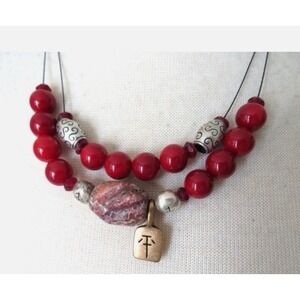 Chico's Zenergy Red Jasper Beaded Double Strand Necklace Earthy Natural Boho NEW